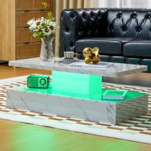 Modern white high gloss coffee table with 16-color LED lights, featuring a sleek rectangular design and two open storage compartments, ideal for living rooms and bars