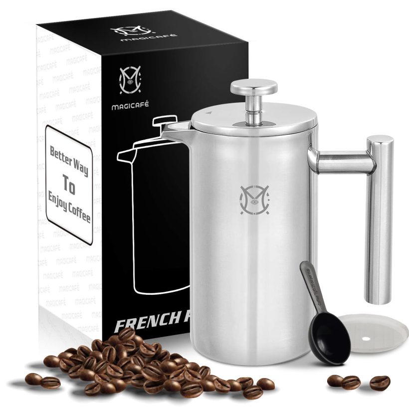 Compact 12oz Stainless Steel French Press Coffee Maker with double-walled insulation and ergonomic handle – perfect for single-serve coffee.