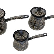 Set of 3 Turkish coffee pots with elegant enamel design and practical covers, perfect for brewing coffee, warming tea, and melting butter.