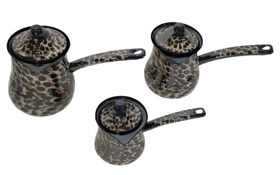 Set of 3 Turkish coffee pots with elegant enamel design and practical covers, perfect for brewing coffee, warming tea, and melting butter.