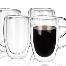 Moretoes 16oz Double-Walled Clear Coffee Mugs with Handles – Set of 4 Insulated Glass Cups for Hot and Cold Drinks