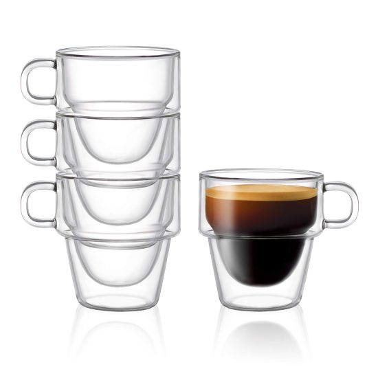 JoyJolt 5oz Double Wall Insulated Espresso Glass Cups – Set of 4, Stackable Thermal Clear Glass Cups with Handle for Espresso Machines