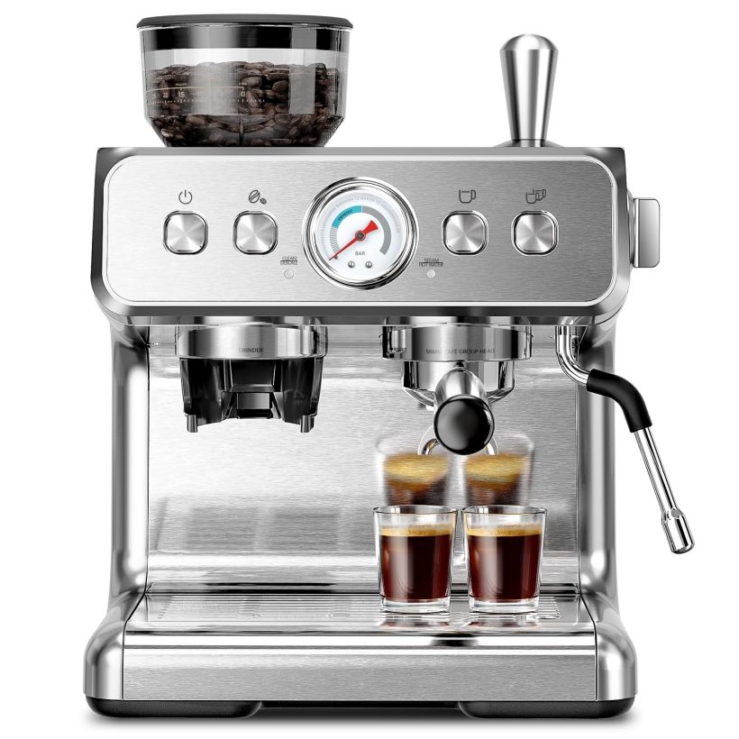 15 Bar Espresso Machine with Built-In Grinder & Automatic Milk Frother – Fast and efficient coffee maker for rich cappuccinos, lattes, and more.