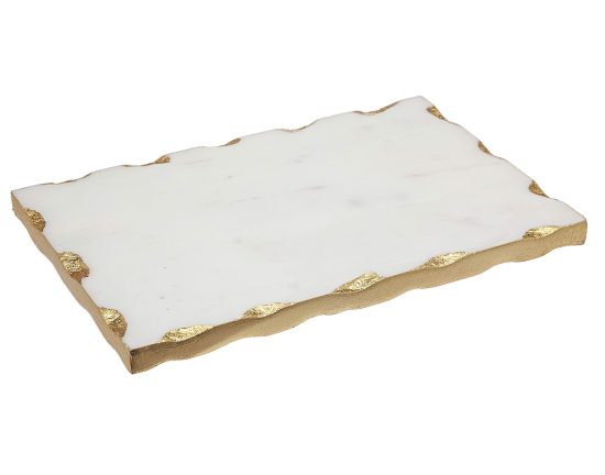 White Marble Serving Tray with Gold Trim, 9" x 6" Rectangular Charcuterie Platter and Cheese Board, Elegant Accessory for Coffee Tables, Ottomans, and Dining Tables