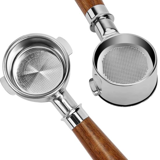 58mm bottomless portafilter with stainless steel basket and mahogany handle, designed for E61, Rocket, and ECM espresso machines, providing clear view of coffee extraction