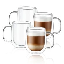 Set of 4 Clear Glass Coffee Mugs, 12oz each with double wall insulation. Perfect for hot and cold beverages like espresso, latte, cappuccino, and tea