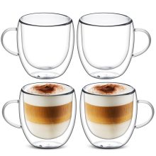 Set of 4 Double Wall Glass Cappuccino Mugs, Clear Insulated Coffee Cups with Handles, 250ml Capacity for Latte, Tea, and Espresso