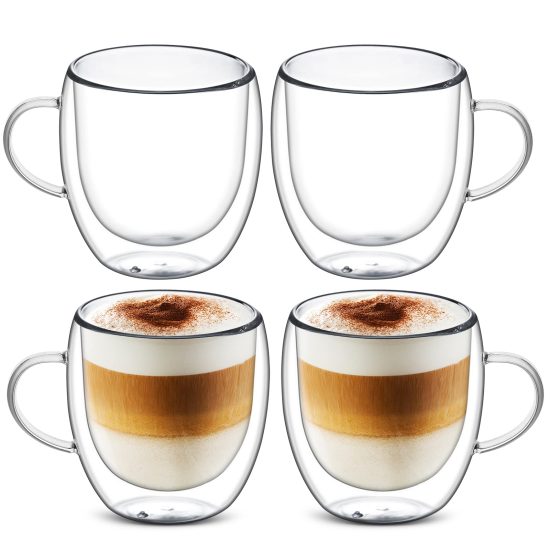 Set of 4 Double Wall Glass Cappuccino Mugs, Clear Insulated Coffee Cups with Handles, 250ml Capacity for Latte, Tea, and Espresso