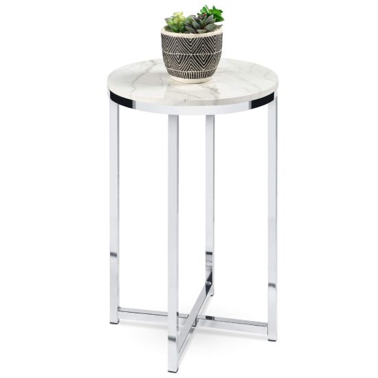 Modern 16-inch round accent table with faux marble top and chrome metal frame, ideal for living room, dining room, or coffee nook.