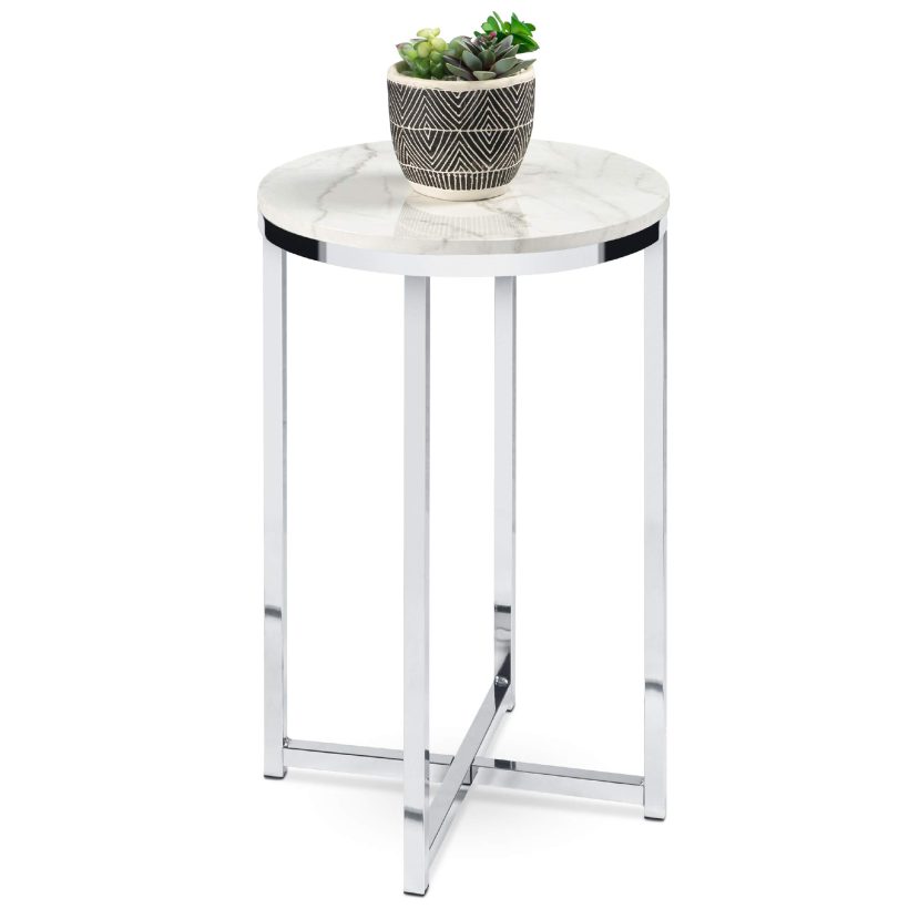 Modern 16-inch round accent table with faux marble top and chrome metal frame, ideal for living room, dining room, or coffee nook.