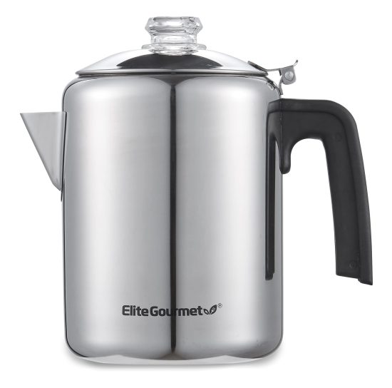 Elite Gourmet 8-Cup Stovetop Percolator featuring a clear glass brew progress knob, cool-touch handle, and stainless steel construction