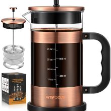 AMFOCUS 34 Ounce French Press Coffee Maker with 4-Level Filtration System – Durable Borosilicate Glass for Camping and Travel