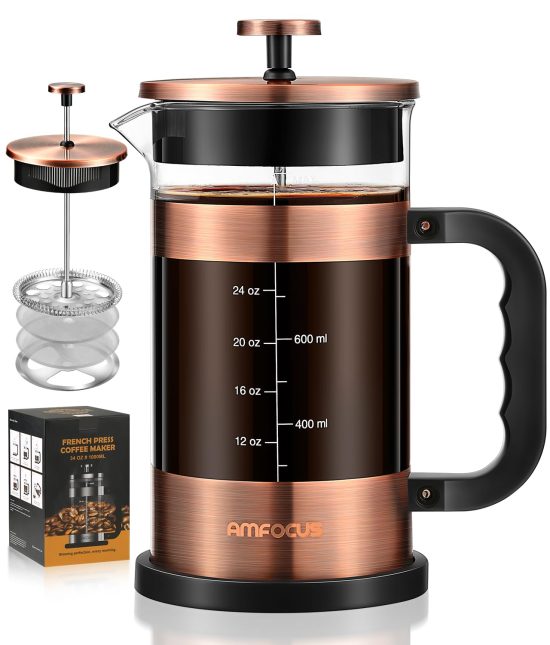 AMFOCUS 34 Ounce French Press Coffee Maker with 4-Level Filtration System – Durable Borosilicate Glass for Camping and Travel