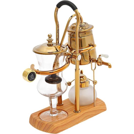 SINBAISHUNYYT Belgian Luxury Syphon Coffee Maker with vintage gold plating and wooden base, perfect for stylish coffee brewing and home decor