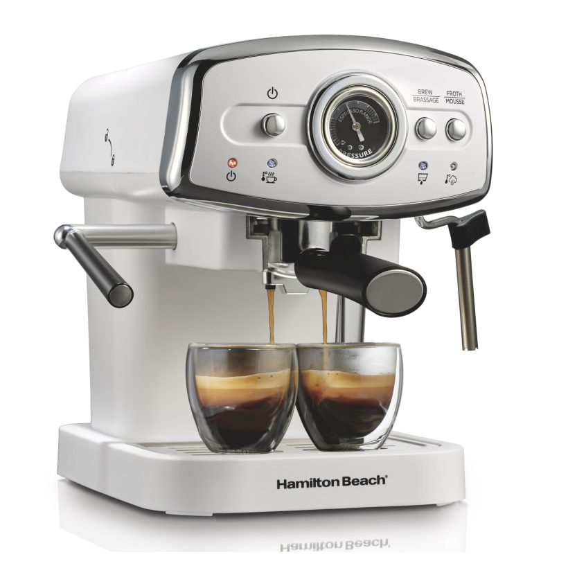 White retro slide & lock espresso machine with 15 bar pump, milk frother steam wand, and dual portafilter spouts. Compact design with easy-to-view pressure dial and removable water reservoir for home use. 