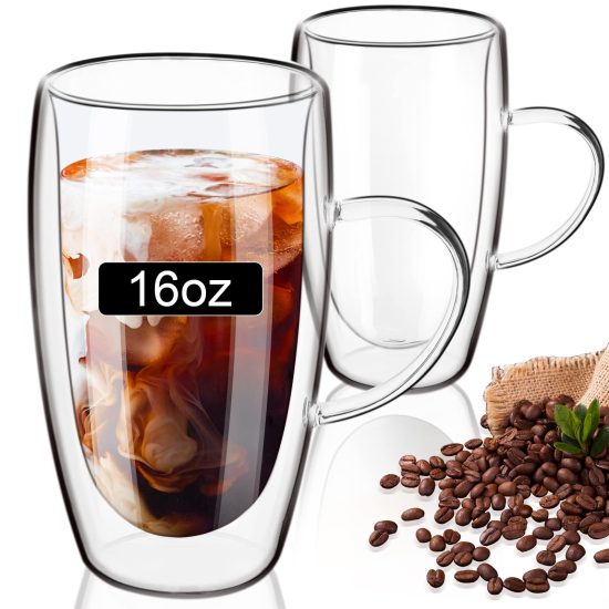 Set of 2 Double Wall Glass Coffee Mugs, 16 oz each with handle. Made of clear borosilicate glass, ideal for hot and cold beverages