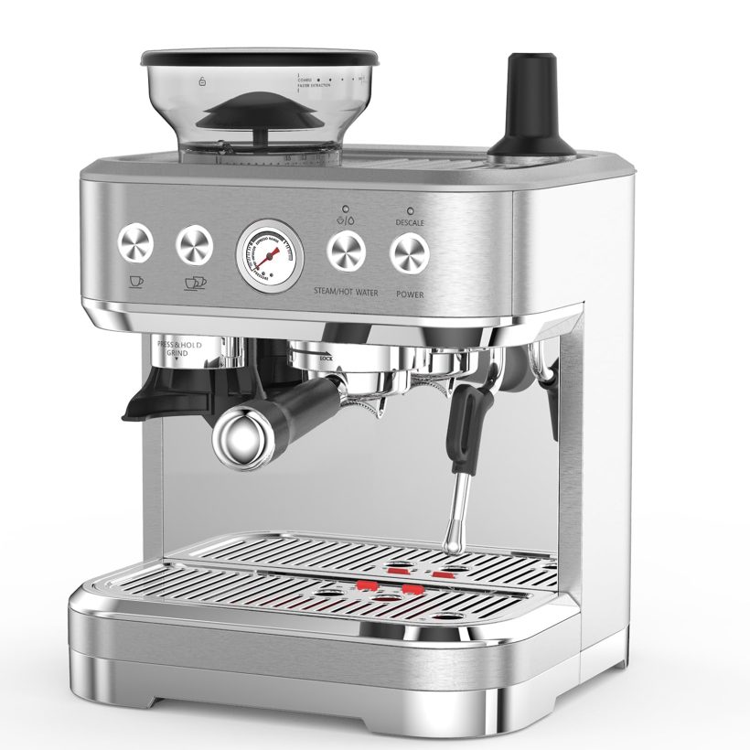 Professional Espresso Machine with Built-In Grinder and Milk Frother – 15 Bar Cappuccino Maker, perfect for creating rich espresso, creamy lattes, and cappuccinos at home.