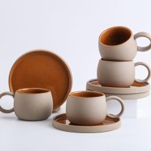 Elegant 4-piece brown ceramic coffee cup and saucer set, featuring 8oz cups and stylish saucers, perfect for espresso, cappuccino, and desserts