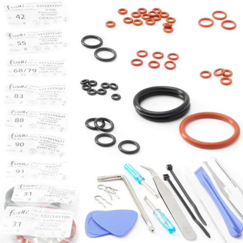 O-Ring Repair Kit for De'Longhi Magnifica ESAM03110S, includes tools for easy installation to fix water and steam leaks in automatic espresso machines.