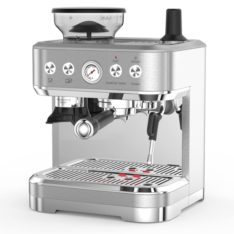 Entcook Stainless Steel Espresso Machine with Grinder and Milk Frother - 15 Bar Pressure, 2.5L Water Tank, Ideal for Home and Office Coffee Brewing