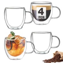 Set of 4 Double Wall Insulated Espresso Cups, 5 oz Borosilicate Glass with Handle, Perfect for Hot and Cold Beverages, Elegant Floating Effect