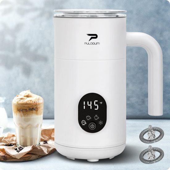 White Puldoum 4-in-1 Electric Milk Frother and Steamer with Temperature Display and Two Whisks for Hot and Cold Foam