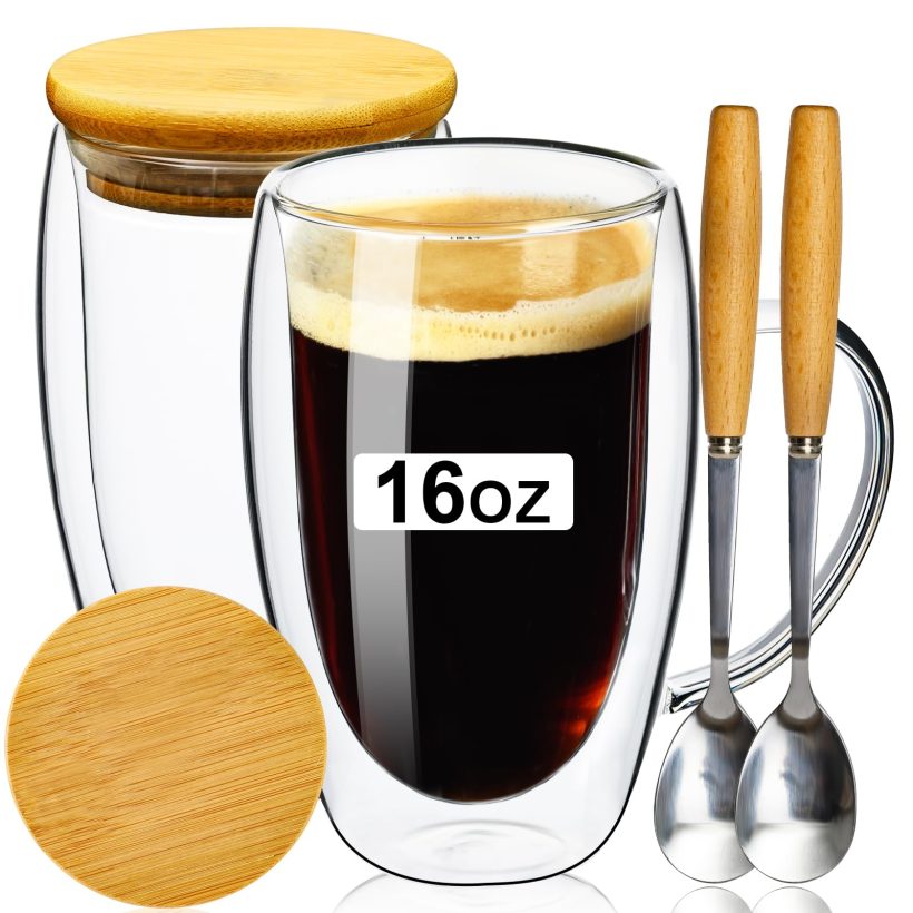 PARACITY 16 oz Double Wall Glass Coffee Mugs with Bamboo Lid and Spoon - Set of 2 Clear Insulated Coffee Cups, Perfect for Hot and Cold Drinks