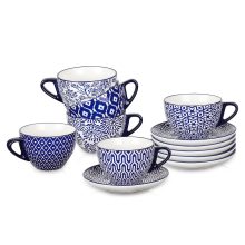 Selamica Ceramic Cappuccino Cups in Vintage Blue with Matching Saucers, Set of 6. Features 8 oz capacity, decorative patterns, and thick walls for retaining heat. Ideal for coffee, espresso, and lattes