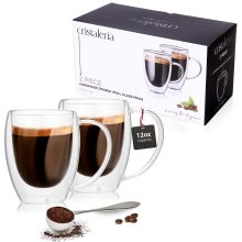 Set of two clear double-walled coffee mugs, 12oz size, showcasing premium borosilicate glass and ergonomic handles, ideal for hot and cold beverages.