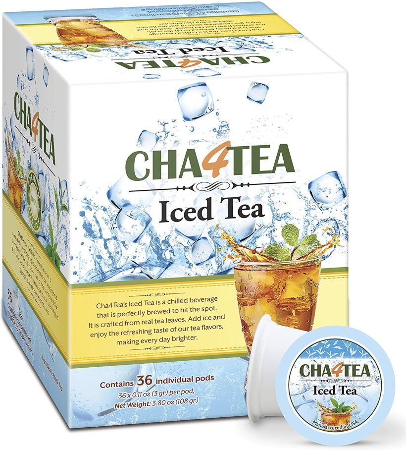 Cha4Tea 36-Count Unsweetened Black Iced Tea Pods for Keurig, showcasing pods and a brewed iced tea glass, highlighting convenience and quality