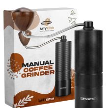 Portable manual coffee grinder with a stainless steel burr, ideal for espresso and camping