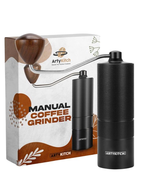 Portable manual coffee grinder with a stainless steel burr, ideal for espresso and camping