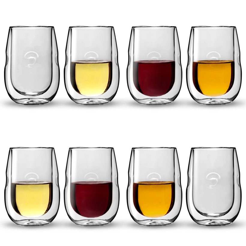 Set of eight Ozeri Moderna 10oz double wall insulated wine glasses with ergonomic dimples, crafted from durable borosilicate glass, packaged in an elegant box