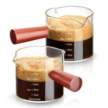 2-Pack Clear Glass Espresso Measuring Cups with Wooden Handles – Double V-Shaped Spouts for Accurate Coffee and Milk Measurements