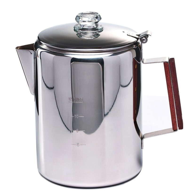 12-Cup stainless steel camping coffee percolator with clear knob and ergonomic handle, designed for stovetop and campfire brewing, showing durable and compact construction.