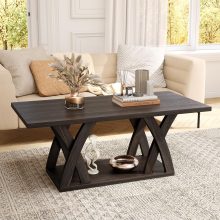 Farmhouse Coffee Table with Shelf - 47” Dark Brown Wood Table with Open Display Area and X-shaped Base for Living Room