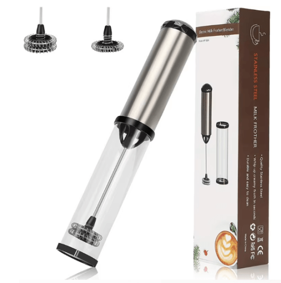 Handheld Electric Milk Frother and Egg Beater with Interchangeable Heads in Black – Ideal for Frothing Milk and Whisking Eggs, Lightweight and Ergonomic for Home Use. 