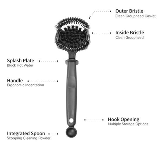 51/58mm Coffee Machine Brush Cleaner with nylon bristles and a plastic handle, designed for effective and thorough cleaning of espresso machine group heads.