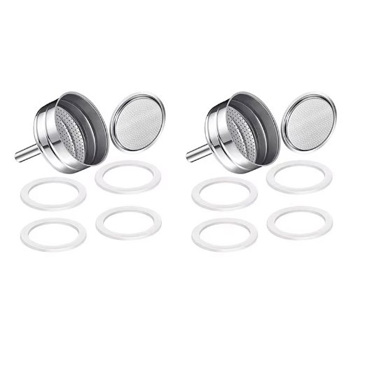 Stainless Steel Moka Coffee Machine Replacement Funnel Kit – Includes Funnels, Filters, and Rubber Rings for Moka Express and 9-Cup Models 