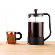 Clear glass French press with stainless steel interior, 1000ml capacity for brewing coffee, tea, and cold brew