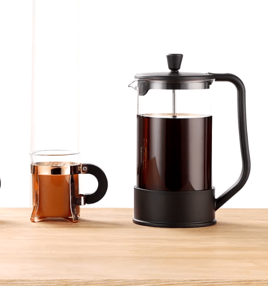 Clear glass French press with stainless steel interior, 1000ml capacity for brewing coffee, tea, and cold brew