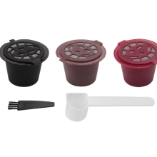 Set of 3 refillable reusable espresso capsules in black, brown, and red, designed for Nespresso machines to enhance coffee flavor. 