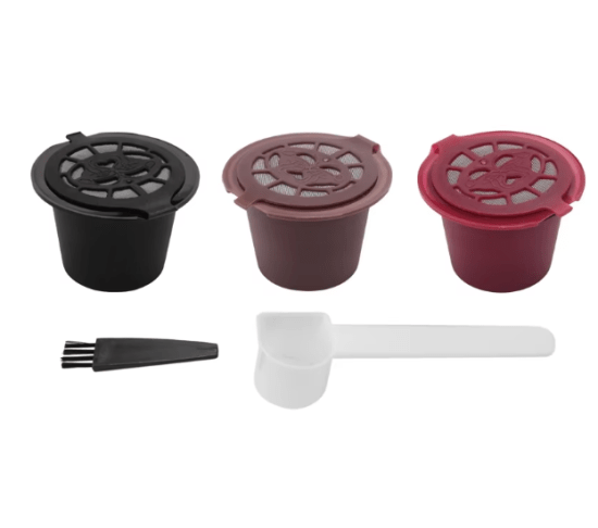 Set of 3 refillable reusable espresso capsules in black, brown, and red, designed for Nespresso machines to enhance coffee flavor. 