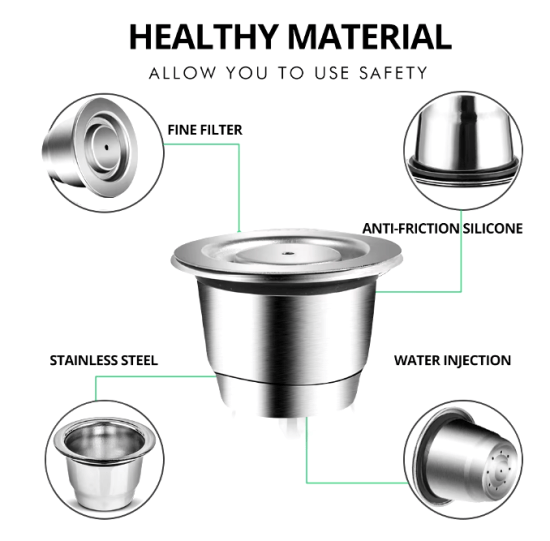 Stainless steel reusable coffee capsule for Nespresso machines, eco-friendly and compatible with multiple models.