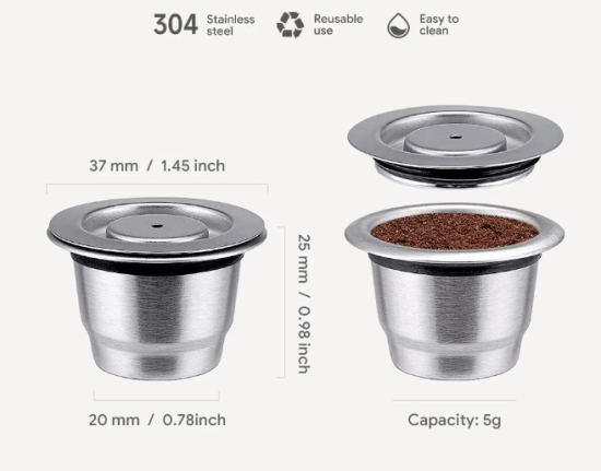 Reusable Coffee Capsule for Nespresso made of food-grade stainless steel, eco-friendly design for flavorful coffee brewing. 