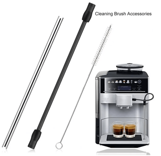 Silicone and Stainless Steel Coffee Machine Milk Pipe Set with cleaning brush, designed for Siemens EQ.6 and Bosch VeroAroma, showcasing durable, heat-resistant materials. 