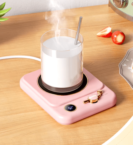 Colorful compact mug warmer with three temperature settings, ideal for keeping coffee and tea warm in a sleek, modern design.