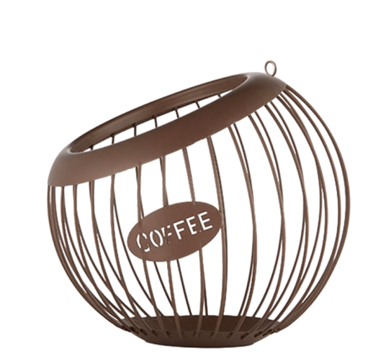 Stylish metal coffee pod organizer with K-shaped design, ideal for storing K-cups, tea bags, and small snacks.
