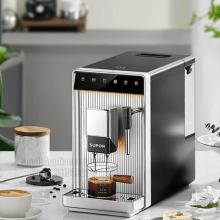 SUPOR SW-CFA101 fully automatic coffee machine with smart touch display and built-in milk frother, designed for versatile coffee brewing.
