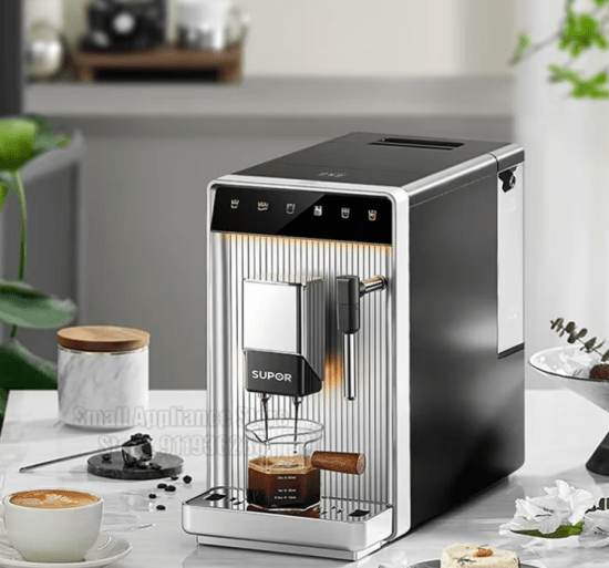 SUPOR SW-CFA101 fully automatic coffee machine with smart touch display and built-in milk frother, designed for versatile coffee brewing.